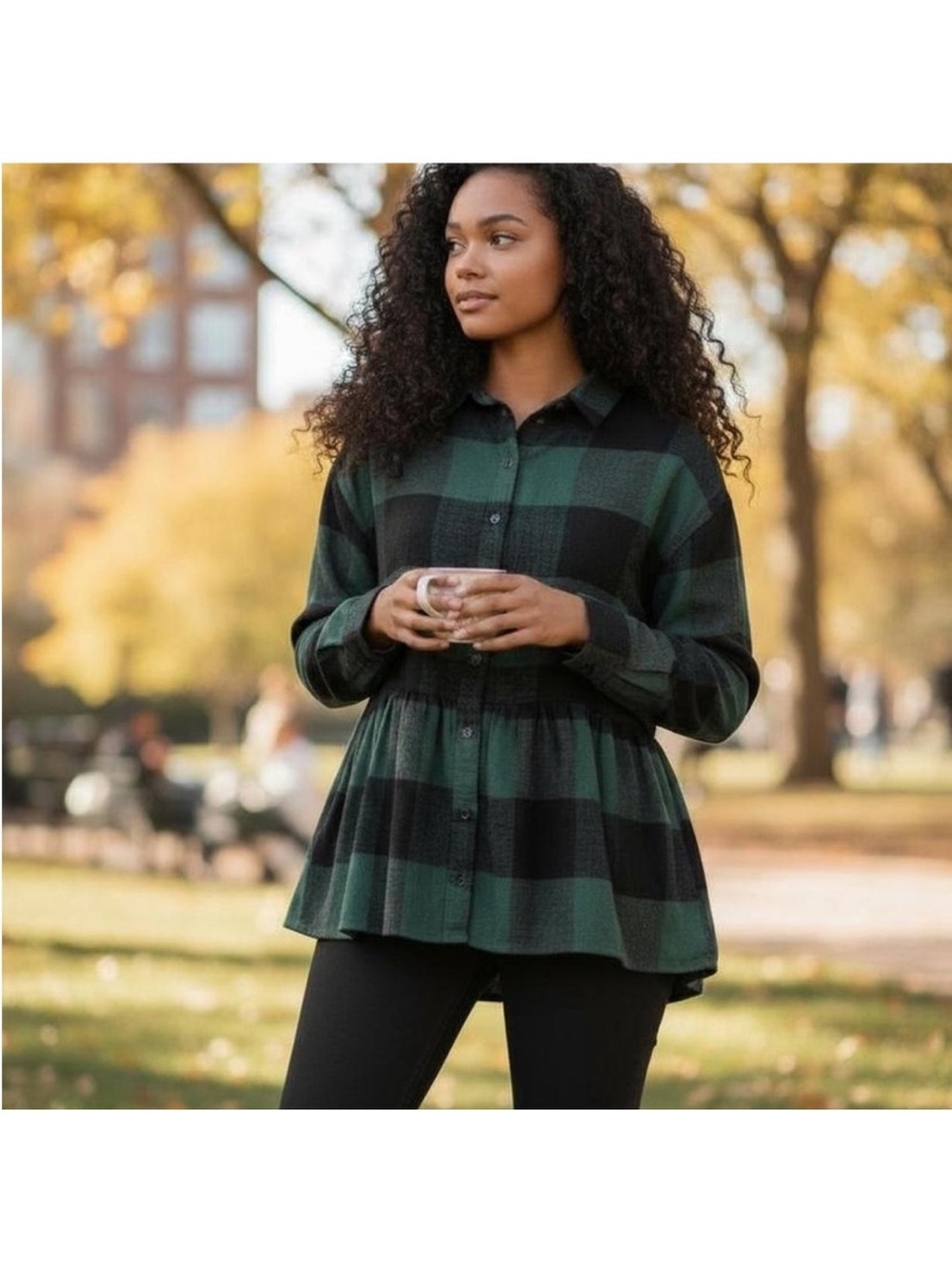 AE Womens Green and Black Buffalo Plaid Button-Front Peplum Shirt